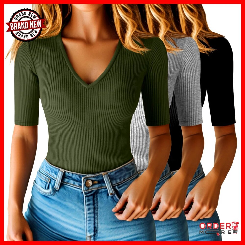 3 Pack Ribbed Cotton V-Neck Tee Slim Fit Half Sleeve Women's Top